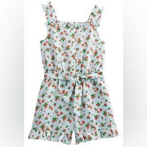 Boden Girls Kids Strawberries Blue Romper Linen Cotton‎ Blend Size 7-8 Years